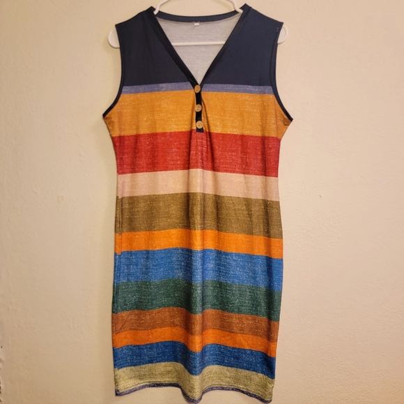 NWOT Sexy v-neck button front striped sleeveless stretchy midi dress - Picture 2 of 7